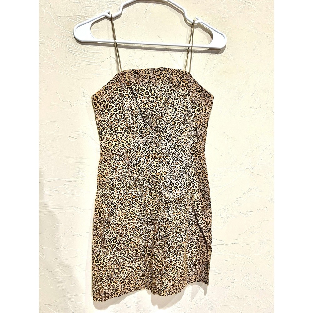 Urban Outfitters Leopard Print Linen Blend Mini Dress Spaghetti Strap Brown US 0